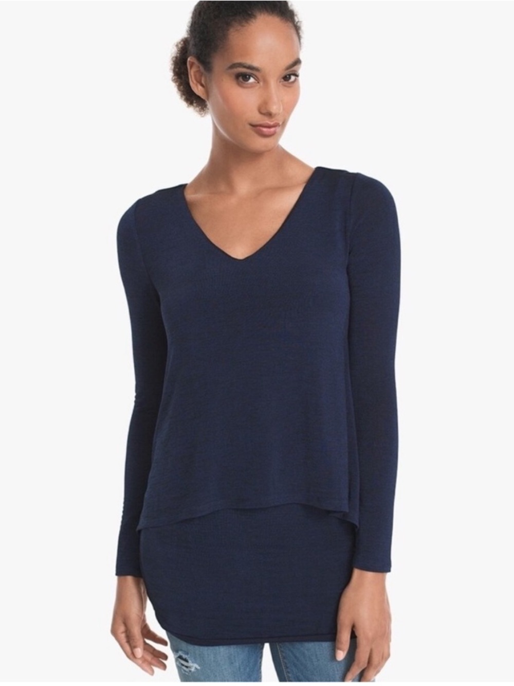 White House Black Market Layered Tunic Top Navy Stretch Long Sleeve M